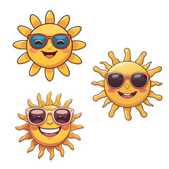 Three cheerful suns wearing sunglasses bask in summer fun isolated on transparent background Generative AI.