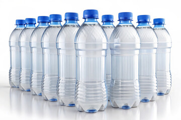 Blank Water drink bottles mockup isolated on white background. Water bottles in a row collection