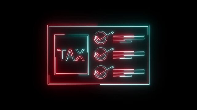 A bright neon "TAX" icon flickers to life, pulses rhythmically, then glows steadily. Occasional electric sparks animate around the edges, emphasizing urgency and financial importance.
