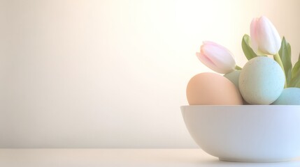 Fototapeta premium Colorful Easter eggs nestled among tulips, capturing the freshness of spring.