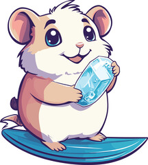 cute hamster with surfboard holding ice on white background