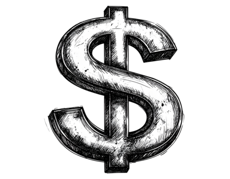 Minimal Hand-Drawn Dollar Sign Icon with Ink Texture, Slight Tilt, isolated on transparent background.