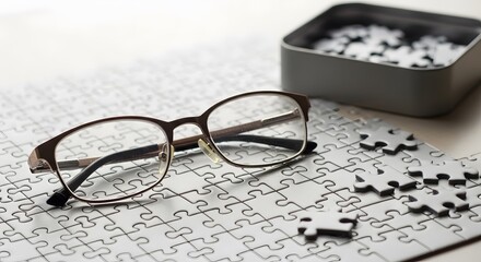 A pair of eyeglasses rests on a partially assembled white jigsaw puzzle next to a tin of loose pieces.