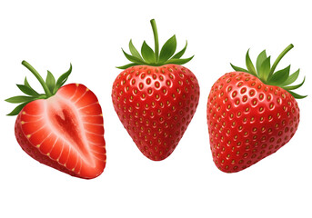 Three fresh strawberries one halved isolated on transparent background