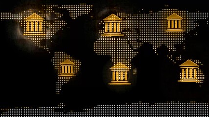 Bank building icon with a world map comprised of binary code in the background. The image represents the concept of global finance and online banking icon animation , Bank building icon animation . - Powered by Adobe