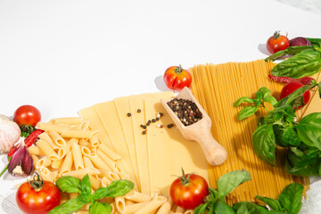 Italian Food Ingredients Pasta, Tomatoes, Basil, Garlic, and Spices