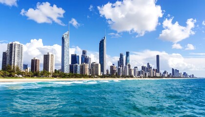 Naklejka premium Coastal city skyline under a vibrant sky