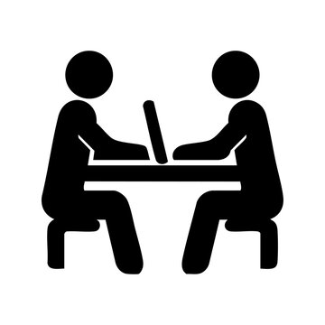 Negotiation icon two people at table black silhouette on transparent background
