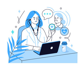 Doctor works on laptop and checks patients health online. Telemedicine, healthcare, virtual medical service concept. Vector illustration.