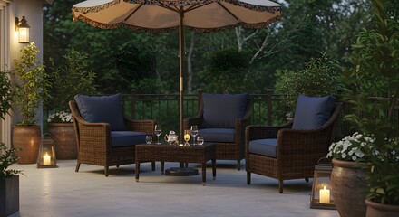 Fototapeta premium Chic Patio with Espresso Wicker Chairs and Midnight Blue Accents – Stylish Outdoor Living Space for Relaxation, Entertaining, and Modern Backyard Design Inspiration