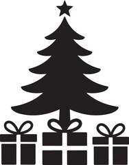Christmas, tree, silhouette, star, top, three, gift, boxes, below, simple, festive, icon, holiday, season, isolated, black, vector, graphic.