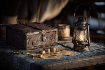 Antique chest, coins, lantern on table