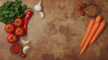 Culinary food background with fresh organic vegetables and spices for healthy cooking. Top view with copy space.