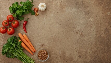 Fresh Ingredients for Healthy Cooking Tomatoes, Carrots, Parsley, Garlic, and Chili on a Textured Background