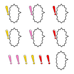 カラフルなビックリマーク付き右口でジグザグで縦長の吹き出しセット