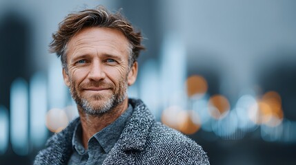 Confident CEO standing in futuristic city skyline with graphs overlay