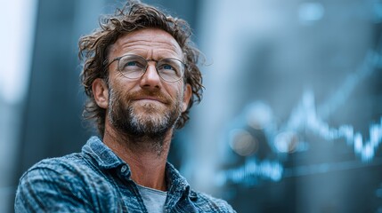 Confident CEO standing in futuristic city skyline with graphs overlay