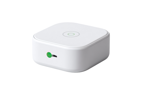 White square device with green accents