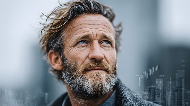 Confident CEO standing in futuristic city skyline with graphs overlay