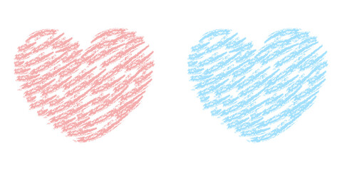 Hand Drawn Pastel Hearts in Crayon Texture. Pink and Blue Scribble Heart Illustration for Love, Valentine, Gender Reveal, Romantic and Kids Design Projects
