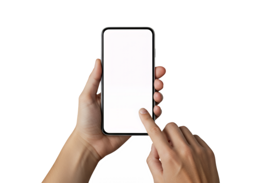 Hands holding a smartphone with a blank screen isolated on transparent background