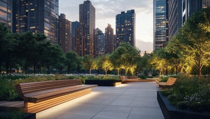 Urban park at dusk, lit by warm light. Modern benches line a paved walkway amid lush greenery, framed by towering city buildings