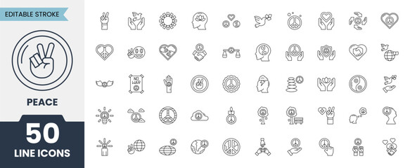 Peace outline icon set. Editable stroke. Vector illustration