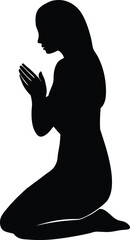 A woman in silhouette kneeling in prayer with hands clasped in reverence silhouette
