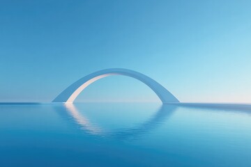 minimalist bridge arching over calm waters casting gentle reflections under vast blue sky offering ample copy space