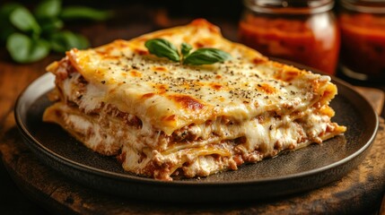 Melted cheese lasagna, layered