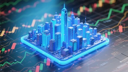 Futuristic Smart City on Microchip: Digital Skyline, Neon Glow, Stock Market Data Visualization