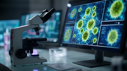 digital microscope showing real-time virus on screen,