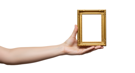 Holding ornate picture frame mockup in hand against plain white background