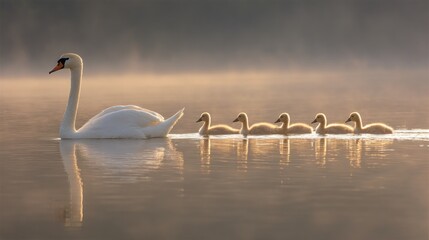 Swan family at dawn on calm water