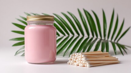 Pink glass jar with matches and palm leaf