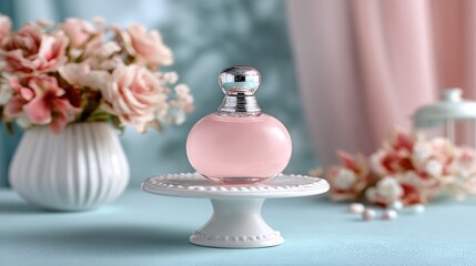 Pink perfume bottle on cake stand with flowers
