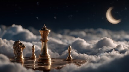 Golden chess pieces on clouds at night
