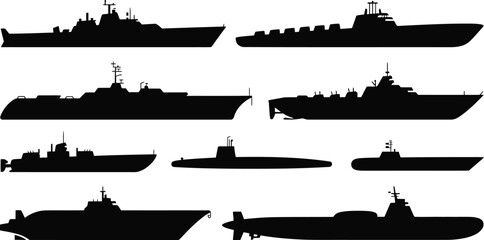 Collection of navy ship silhouettes isolated on transparent background