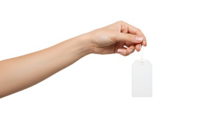 Holding White Tag on String Shows Clean Branding or Pricing Concept