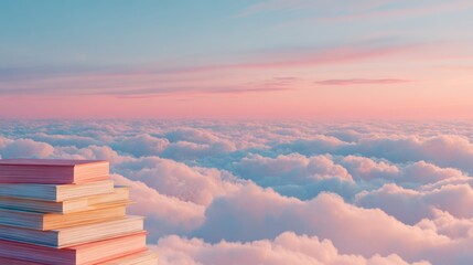 Books stacked above clouds sunset sky