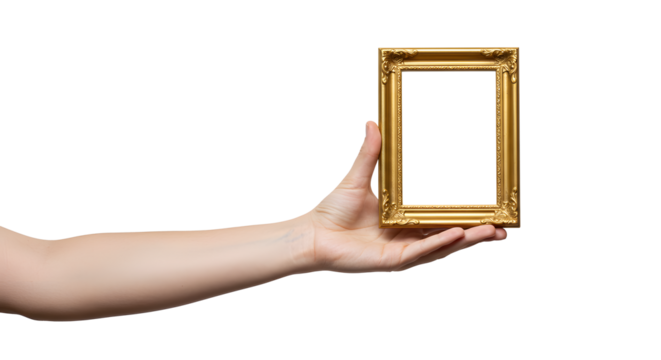 Holding ornate picture frame mockup in hand against plain white background