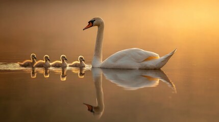 Swan family swimming sunrise