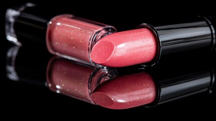 Shimmering pink lipstick tubes close up