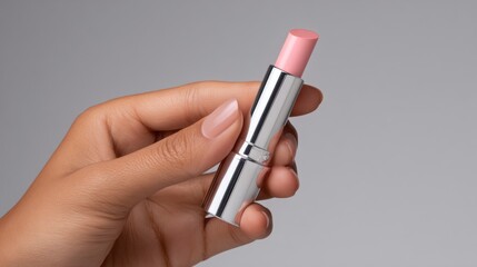 Hand holding light pink lipstick