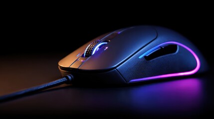 Close up computer gaming mouse with illuminated lighting