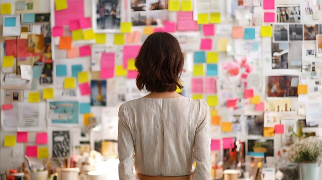 female freelancer surrounded by sticky notes and inspiration board, - Powered by Adobe