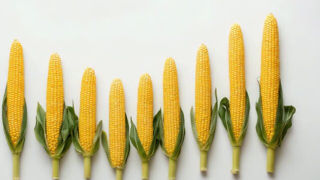 A row of fresh corn cobs with yellow kernels and green husks arranged neatly for presentation after harvest
