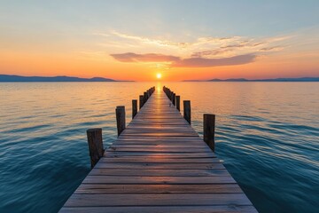 Obraz premium Wooden pier stretching into a serene sunrise over a calm lake