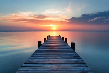 Obraz premium Tranquil wooden pier extending into a serene lake at sunset (1)