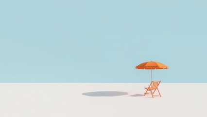Minimalist beach scene featuring an orange umbrella and a folding chair.